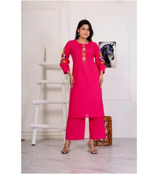 Bisesh Creation Pink Handwoven Embroidery Kurti Pant Set For Women